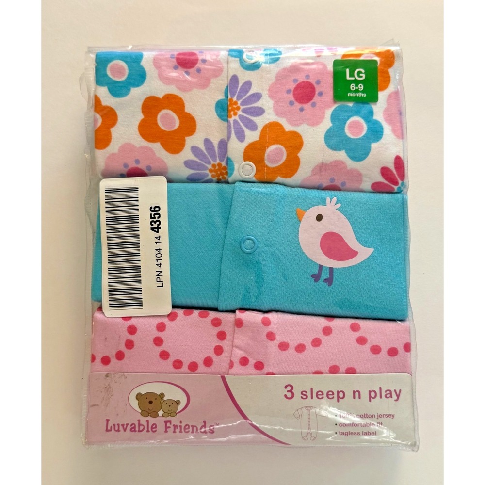 NEW! 4-Pack Luvable Friends Baby Sleep n Play Girl 6-9 Months Cotton Snap Comfy
